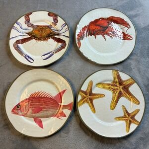 Pottery Barn Melamine Luncheon Plate Set 4 Coastal Sea Life Crab Lobster Fish 9"